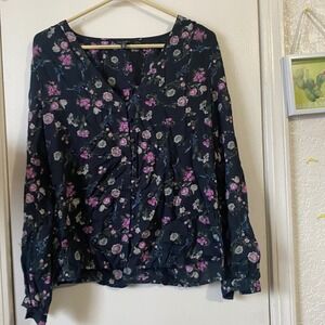Lucky Floral Button Down Shirt Long Sleeve Pink Roses‎ Navy Lightweight Blouse